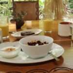 jungle breakfast consisting in homemade granola, yogurt, tea, tropical fruit blend and brownie