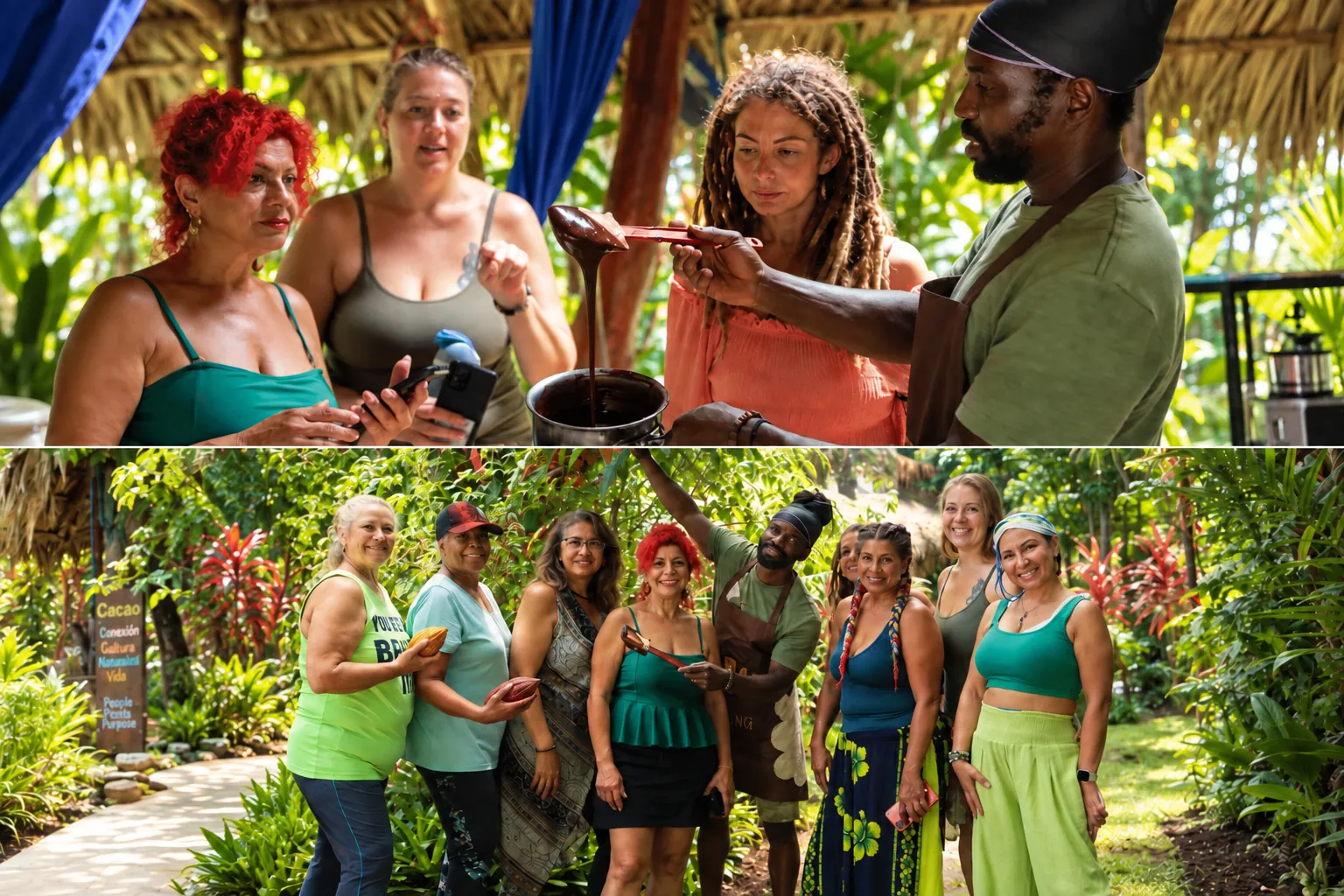 Group participating in a traditional cacao and chocolate workshop with a local guide in Cahuita, Costa Rica